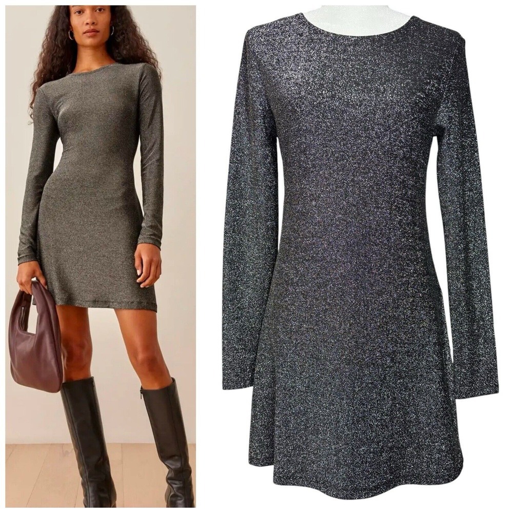 Reformation Dress M Riley‎ Fit & Flare Long Sleeve Metallic Dress Sparkly LBD